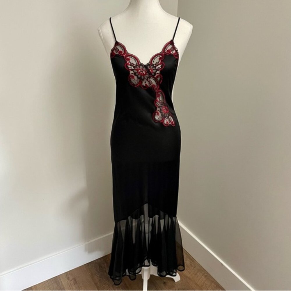 Vintage Undercover Wear Maxi Length Mermaid Slip Dress Red and Black Lingerie